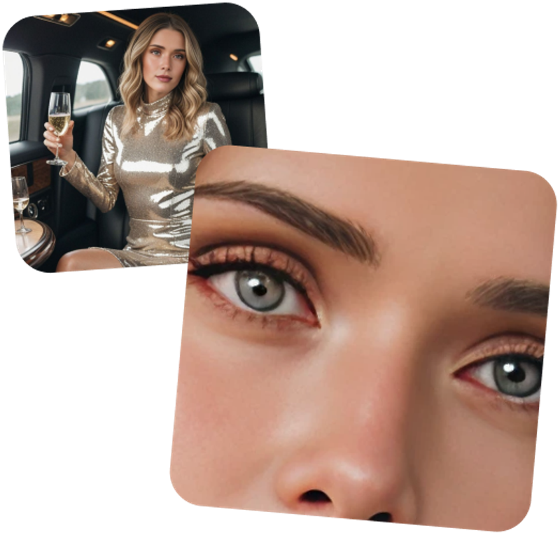 Two images - one is a close-up of a woman showing fine details, the other is pulled back and shows the same woman in a shiny dress in a limousine. 