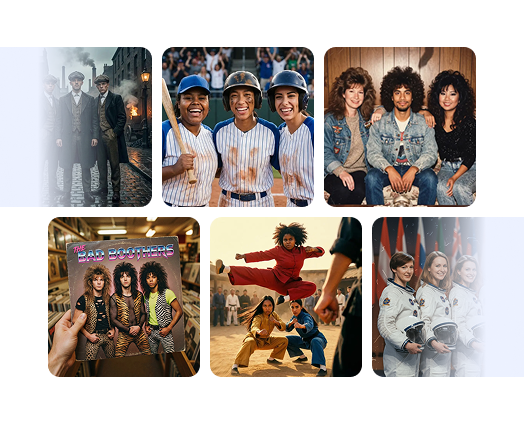 Examples of the Custom AI Prompts feature from Booth.Events working well with groups.  Guests are transformed into fantastical situations and outfits.