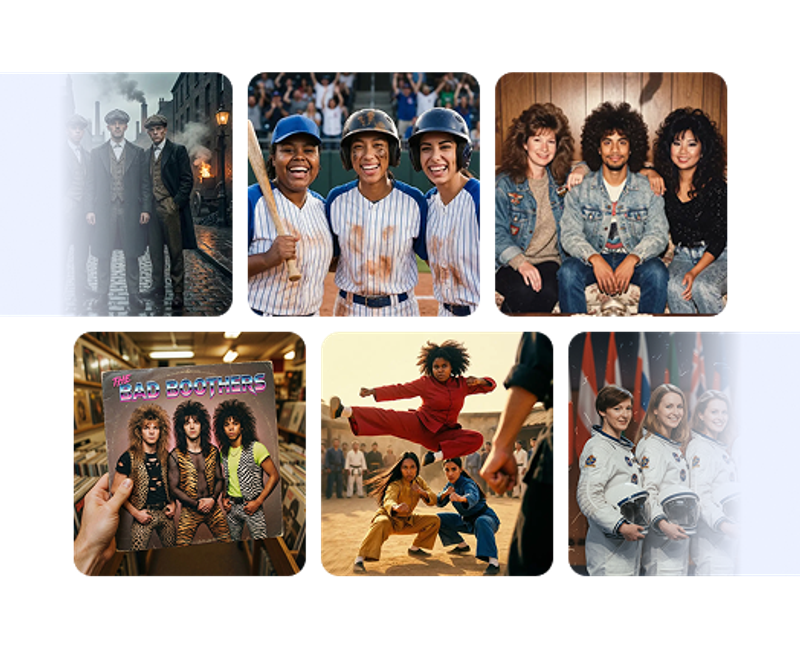 Examples of the Custom AI Prompts feature from Booth.Events working well with groups.  Guests are transformed into fantastical situations and outfits.