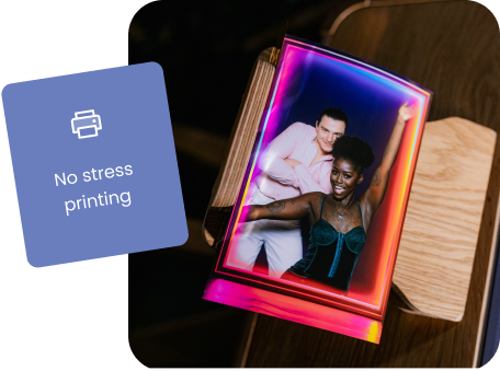 A print coming out of a photo booth printer with a label saying "No stress printing" to show how easy it is to print captures with Booth.Events.