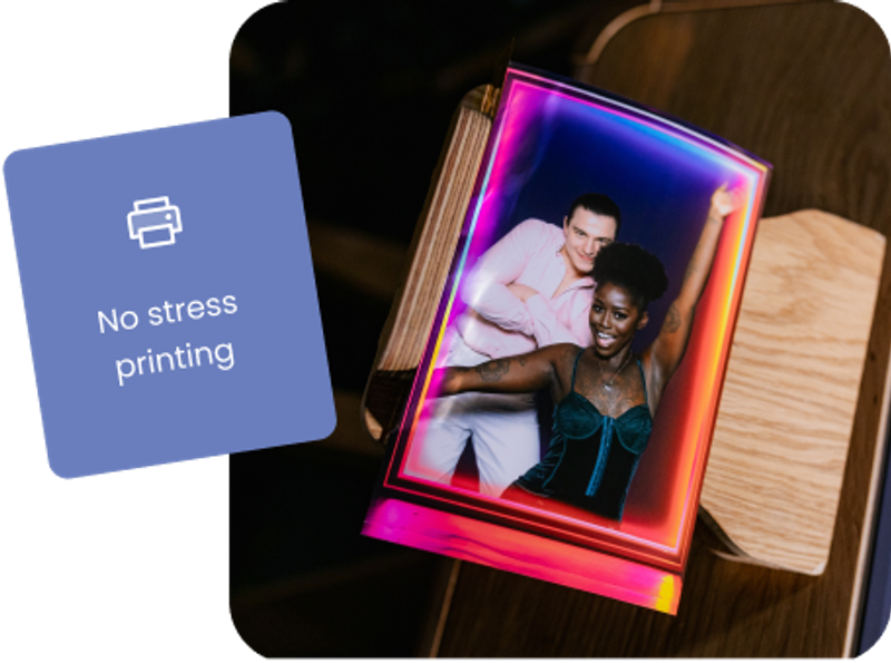 A print coming out of a photo booth printer with a label saying "No stress printing" to show how easy it is to print captures with Booth.Events.