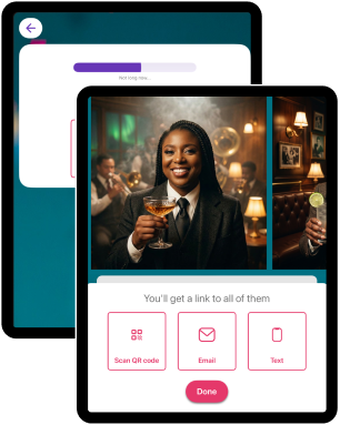 Booth.Events - results on the iPad in under 10 seconds.  The image depicts two iPads - one showing a timer, the other showing a finished result.
