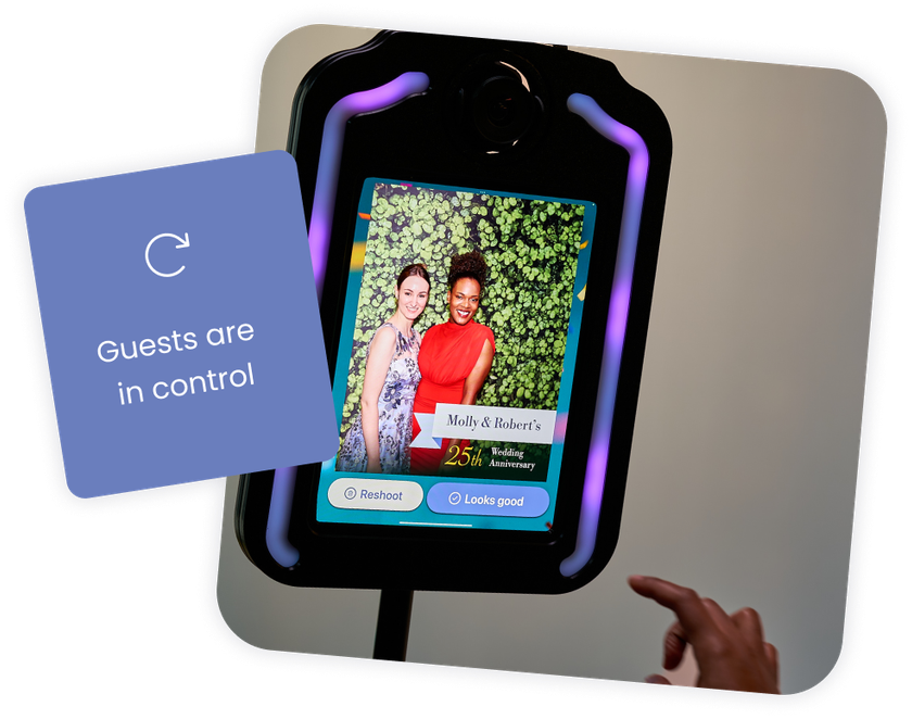 A woman is deciding if she wants to use the Reshoot option from Booth.Events, the photo booth software for professionals.