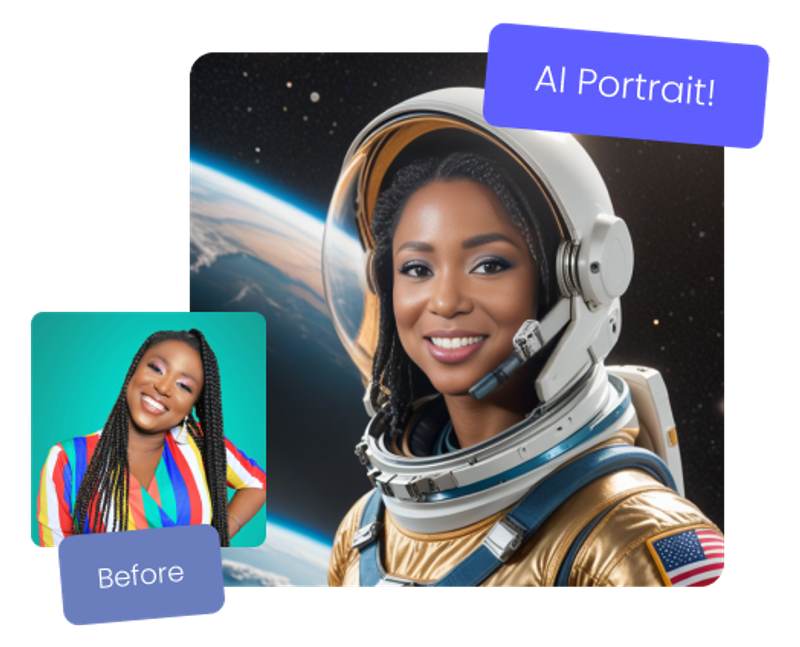 AI Portrait with Booth.Events - a small image in the bottom left shows the before of a happy woman, the top right has the same woman transformed into an astronaut floating above the earth.