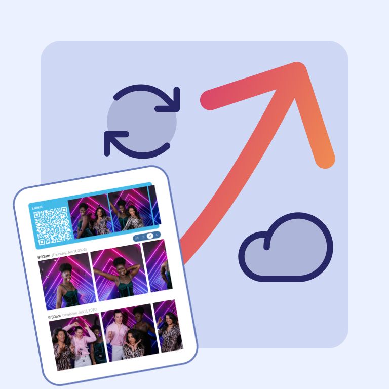 A graphic of a cloud with captures from Booth.Events laid overtop.  Booth.Events lets you connect your Google Drive, Dropbox, and Smugmug accounts for seamless syncing.
