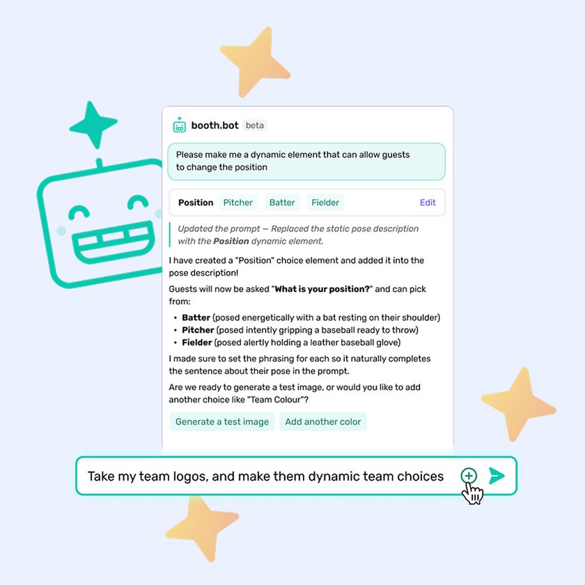 Booth.Bot from Booth.Events helping a user create their own AI prompt.  Booth.Bot helps you customize your AI Prompts so they are perfect for your events.