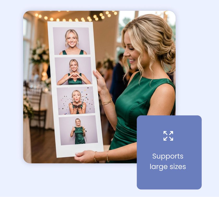 A woman at a wedding holding up a photo booth photo strip - however, it is about 3 times the size they usually are.  Booth.Events allows for jumbo sized prints.