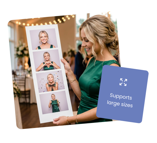 A woman holding an oversized photo booth print done at a wedding.  She is holding the print and is happy with it.  It was created with Booth.Events.