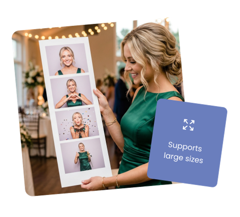A woman holding an oversized photo booth print done at a wedding.  She is holding the print and is happy with it.  It was created with Booth.Events.