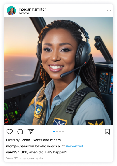 An social media post showing an AI portrait of a woman flying a sophisticated aircraft.