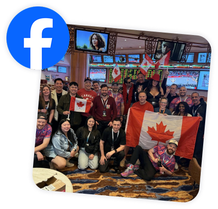 A group of photo boothers posing for a large group shot.  Canadian flags are everywhere.  The Facebook logo overlays the image.