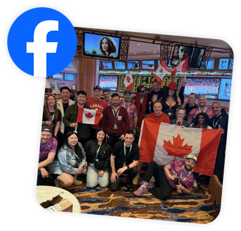 A group of photo boothers posing for a large group shot.  Canadian flags are everywhere.  The Facebook logo overlays the image.