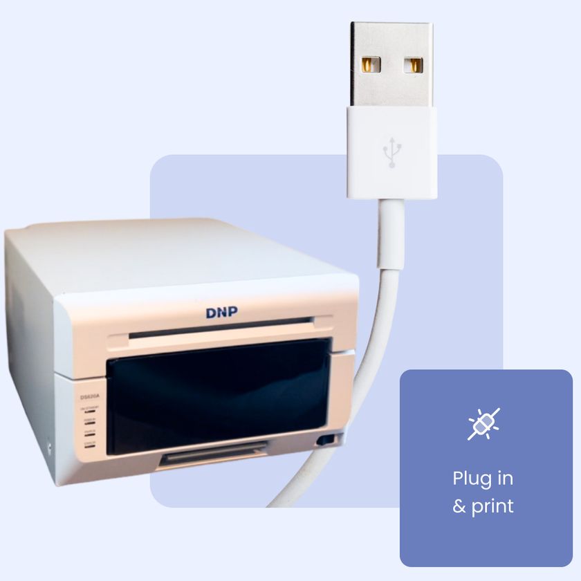 Printer and USB connector, showing that you can connect a printer directly to your iPad running Booth.Events with a powered USB-C.