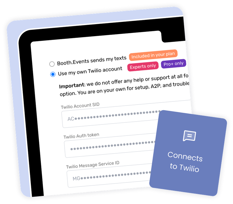 Connecting Twilio with Booth.Events on the web application.  This is an image of the Booth.Events platform in a web browser, showing the options for connecting your own Twilio account.