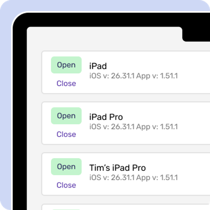Cropped screenshot of the devices controlled by the Booth.Events app.