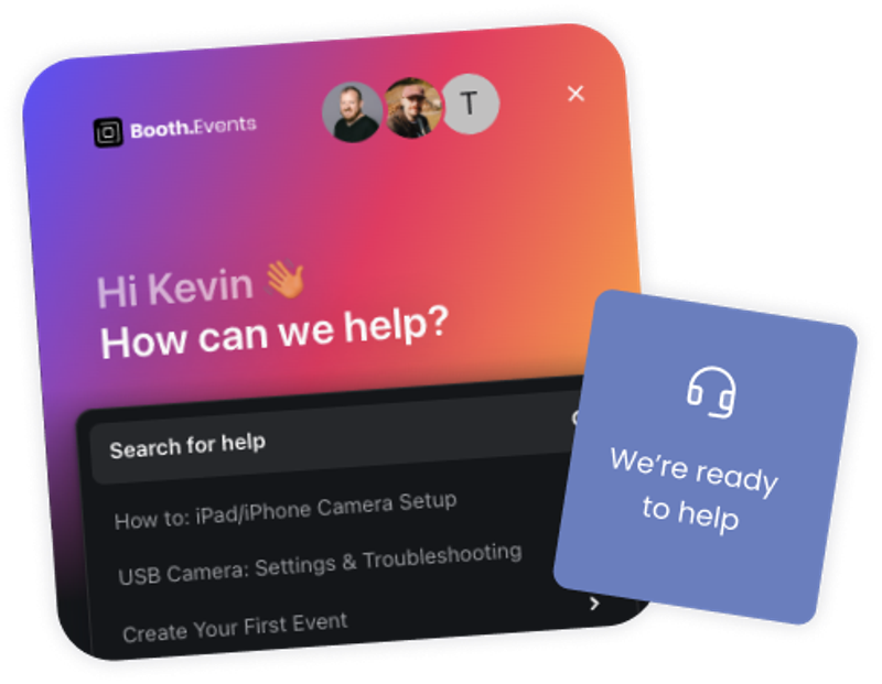 Images showing the chat feature from Booth.Events to help users trouble shoot any issues they may have.