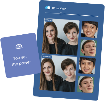 Controls from Booth.Event's glam filter. When the filter is turned up, blemishes disappear while still preserving the subject's face. A label says "You set the power".