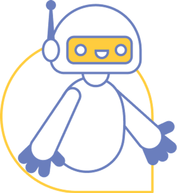 A happy robot illustration implies how easy, fast, and affordable the AI tools are from Booth.Events.