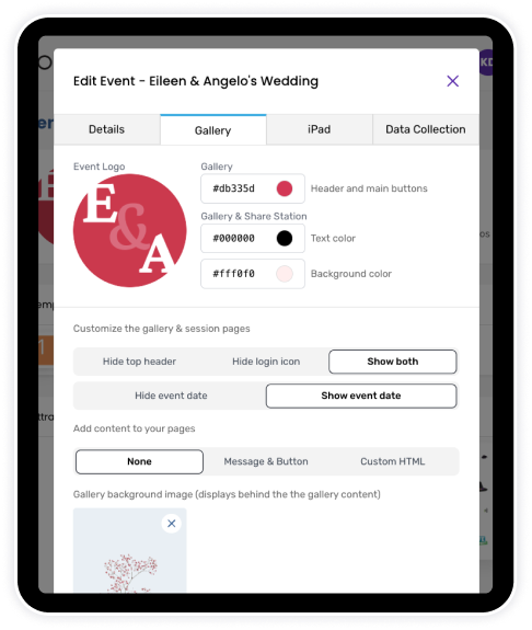 An iPad with Booth.Events open 0 - the app is showing branding options like the event logo and colours.