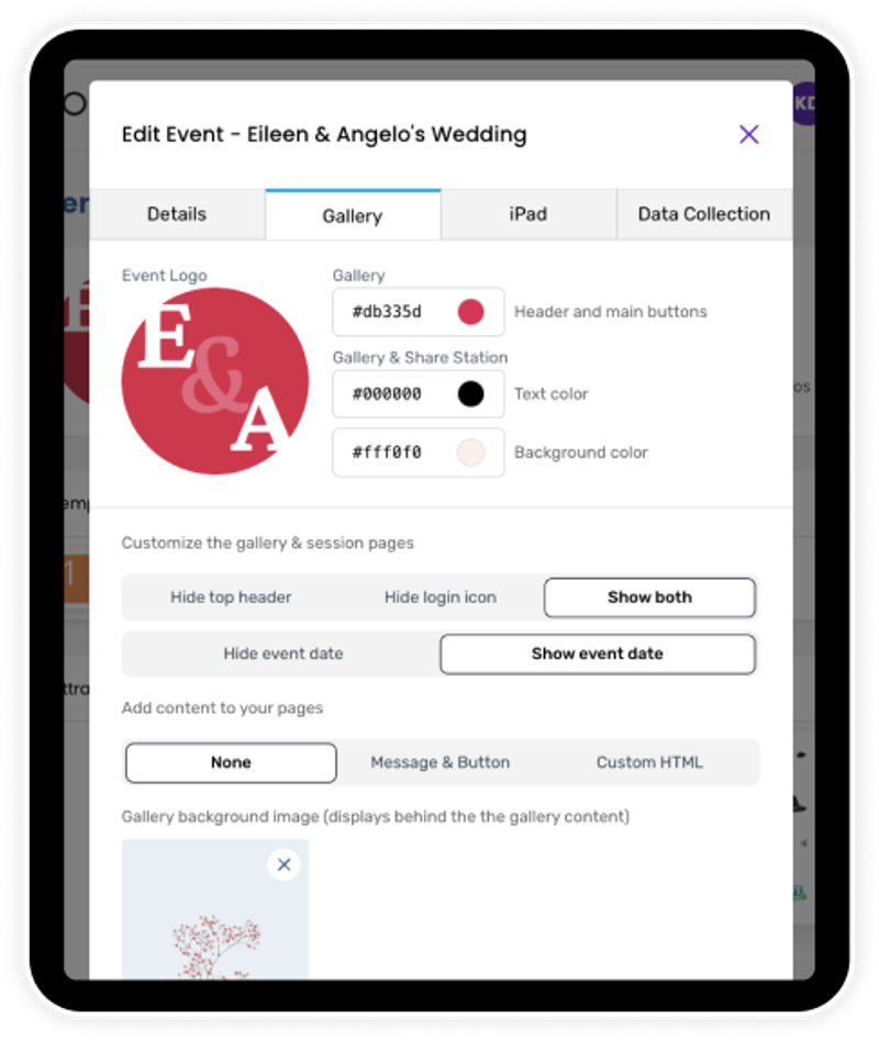 An iPad with Booth.Events open 0 - the app is showing branding options like the event logo and colours.