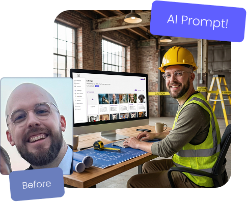 Booth.Events - Example of an AI prompt being used to transform a photo booth a construction worker at a desk. into a  guest into