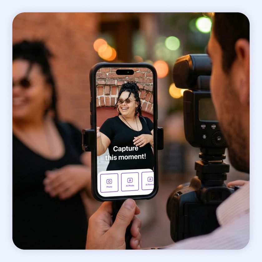 A woman smiling at a photographer operating a roaming photo booth. The roaming photo booth is running the Booth.Events application.