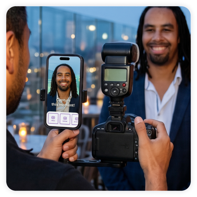 Connecting cameras with Booth.Events is easy.  Image portrays a roamer booth taking a photo of a guest at a party using Booth.Events.  The camera is connected directly to an iPhone that is running the Booth.Events application.