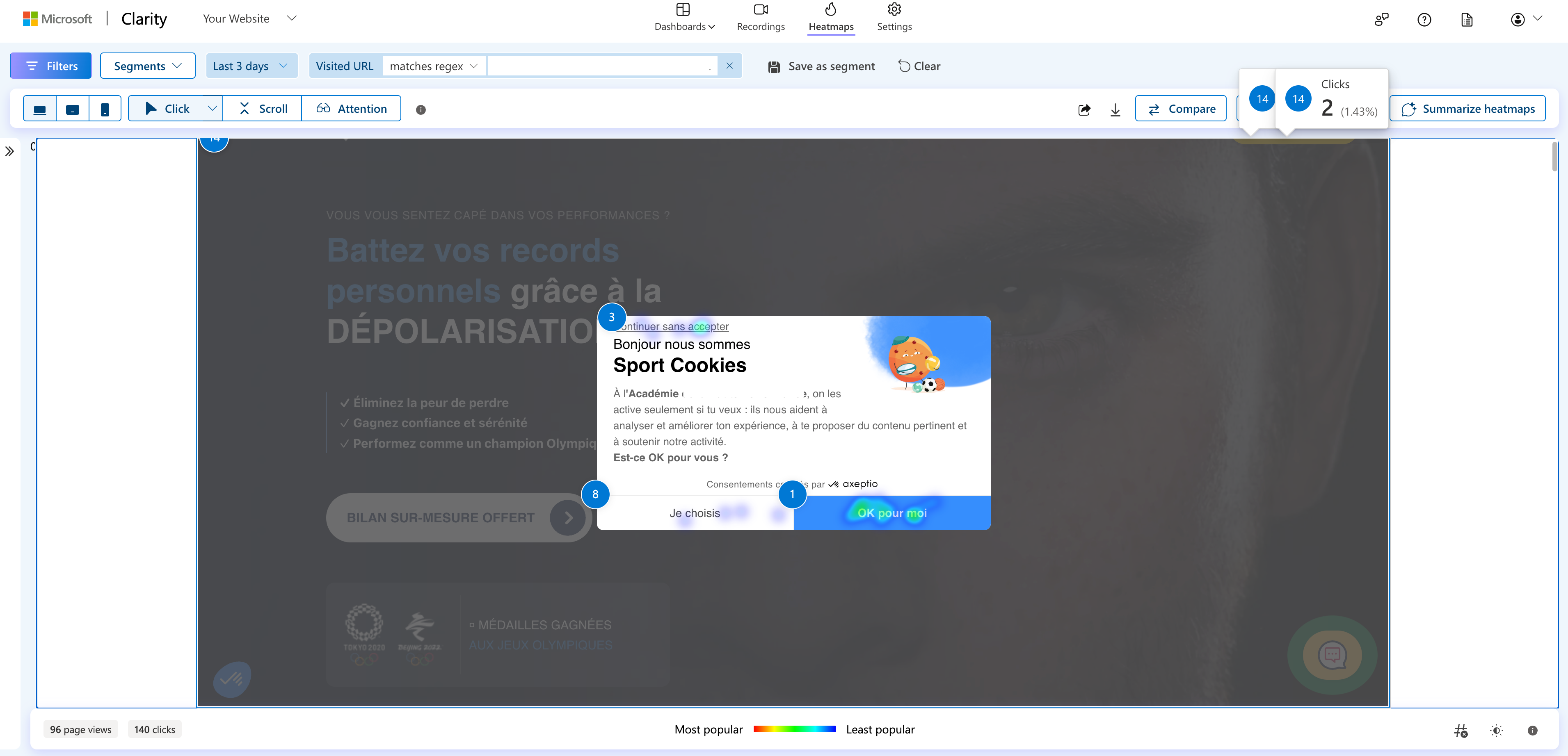 A microsoft clarity dashboard with popup cookie Axeptio 