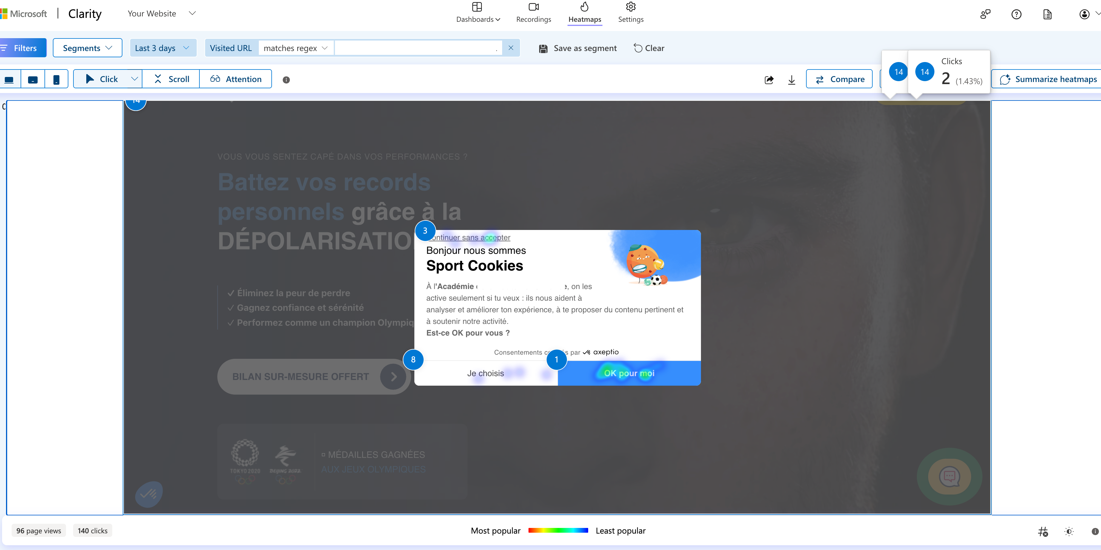 A microsoft clarity dashboard with popup cookie Axeptio