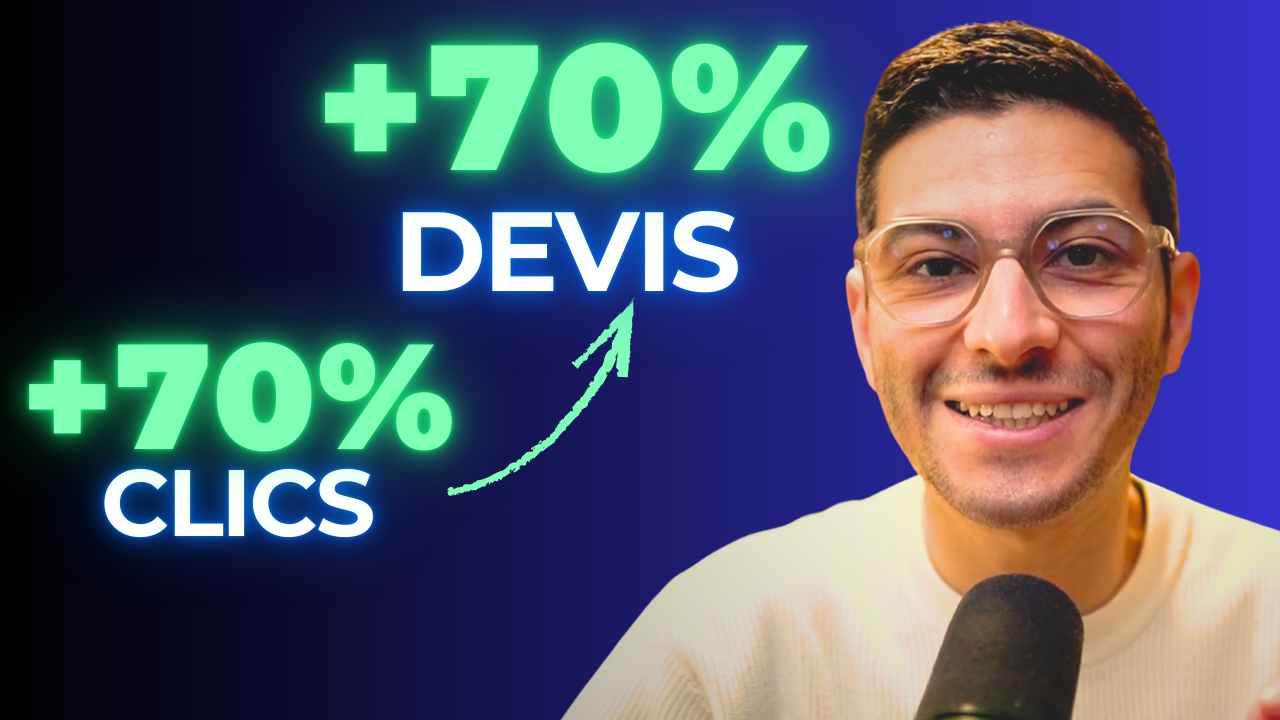 Mehdi de ROOTY Agency with glasses next to text reading "+70% DEVIS" and "+70% CLICS" with an arrow connecting them