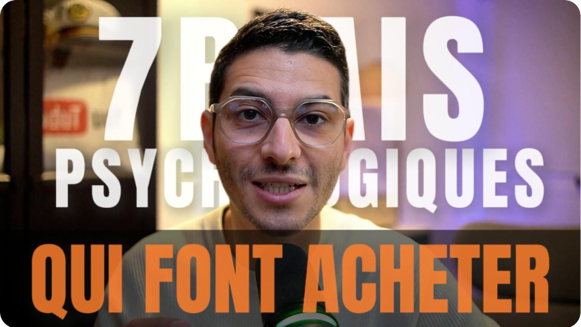 Mehdi Boudjemaa from ROOTY Agency wearing glasses and a microphone, with overlay text '7 Psychological Reasons That Make You Buy'.