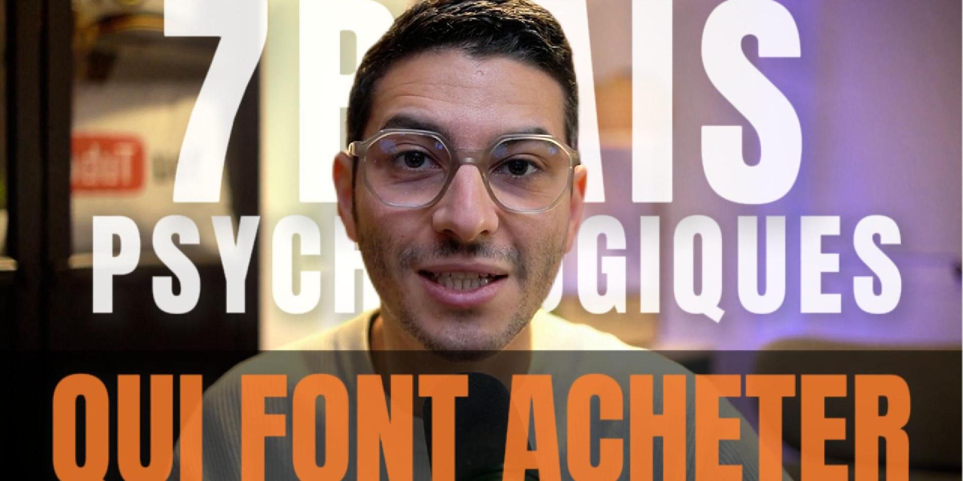 Mehdi Boudjemaa from ROOTY Agency wearing glasses and a microphone, with overlay text '7 Psychological Reasons That Make You Buy'.