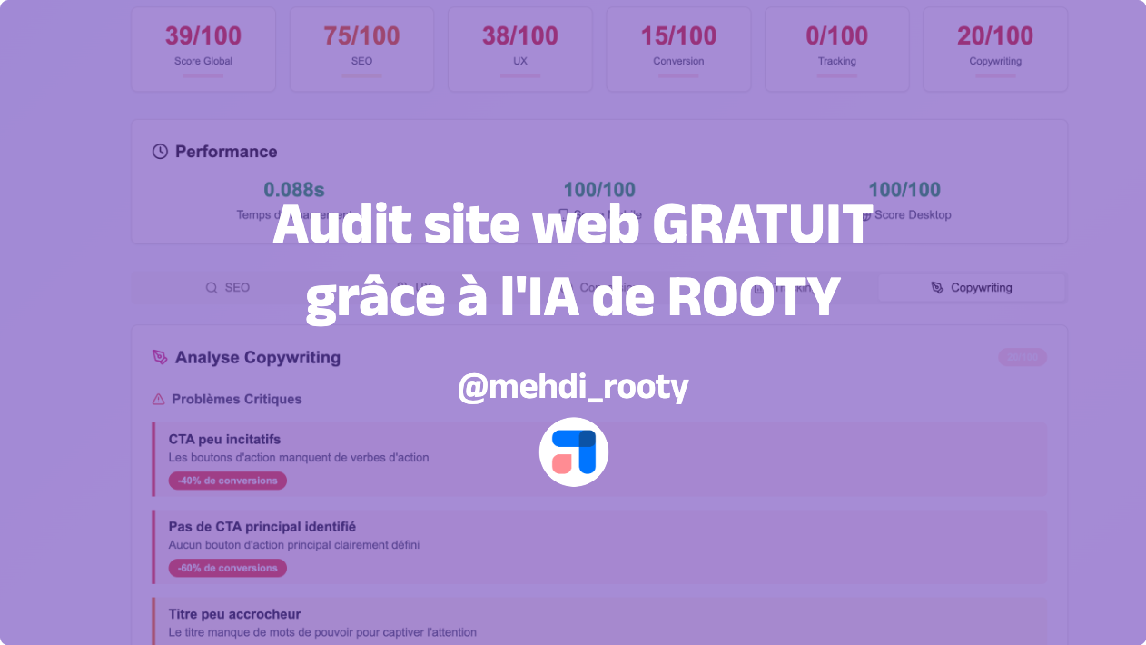 Outil d'audit de site web gratuit par l'ia de ROOTY, analyse SEO UX Tracking Conversion et Edito