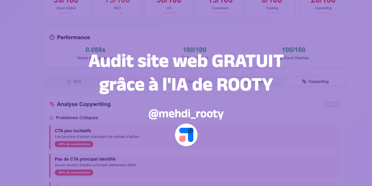 Outil d'audit de site web gratuit par l'ia de ROOTY, analyse SEO UX Tracking Conversion et Edito
