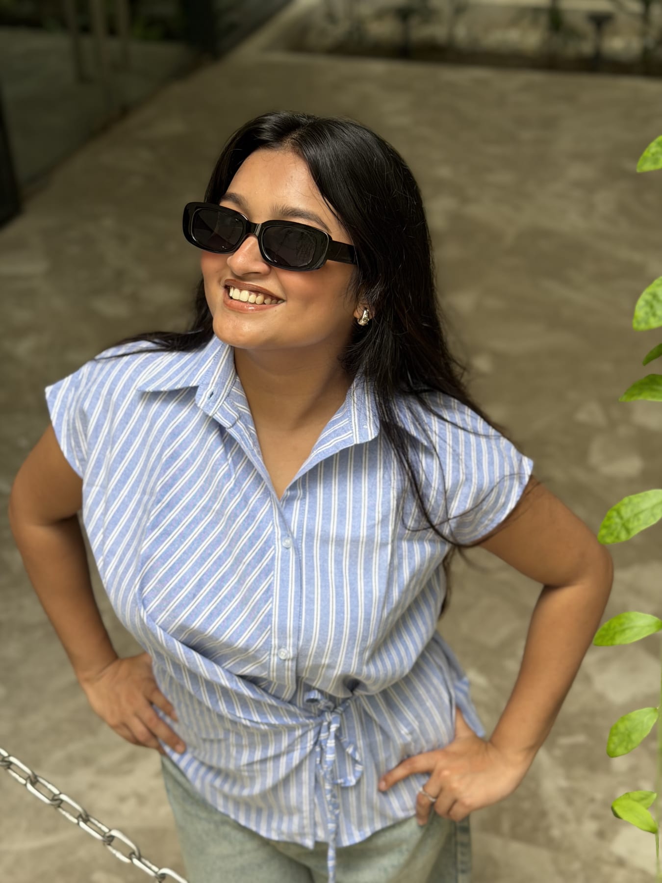 Blue striped tie-waist shirt