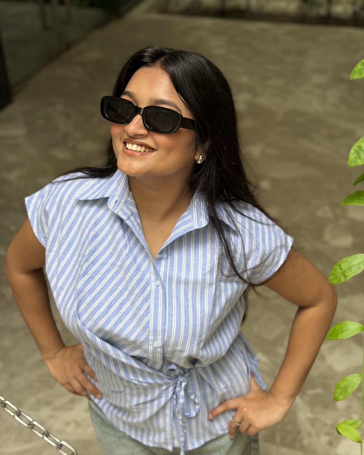 Blue striped tie-waist shirt