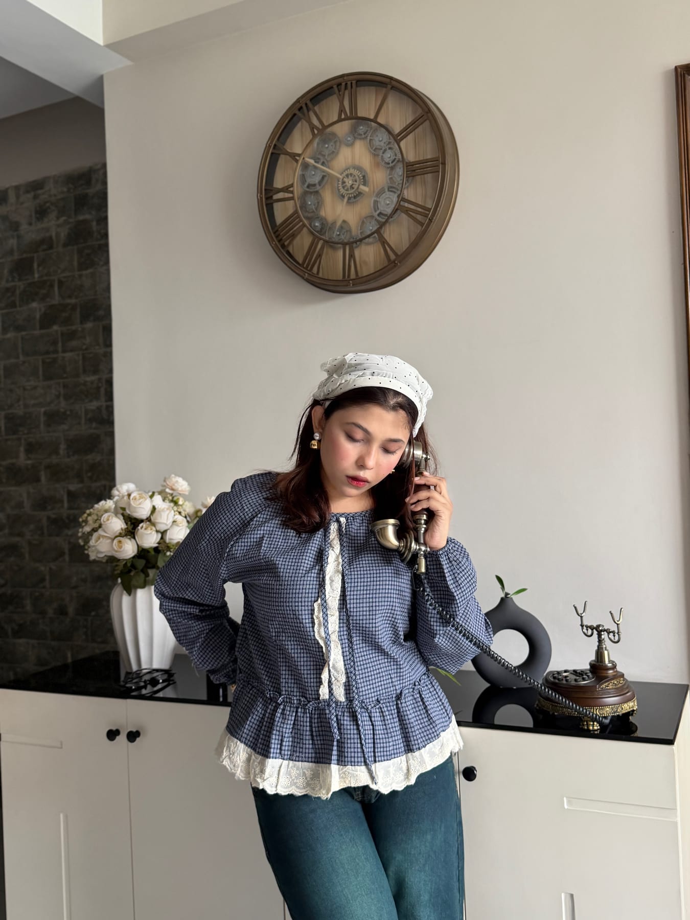 Blue gingham lace blouse