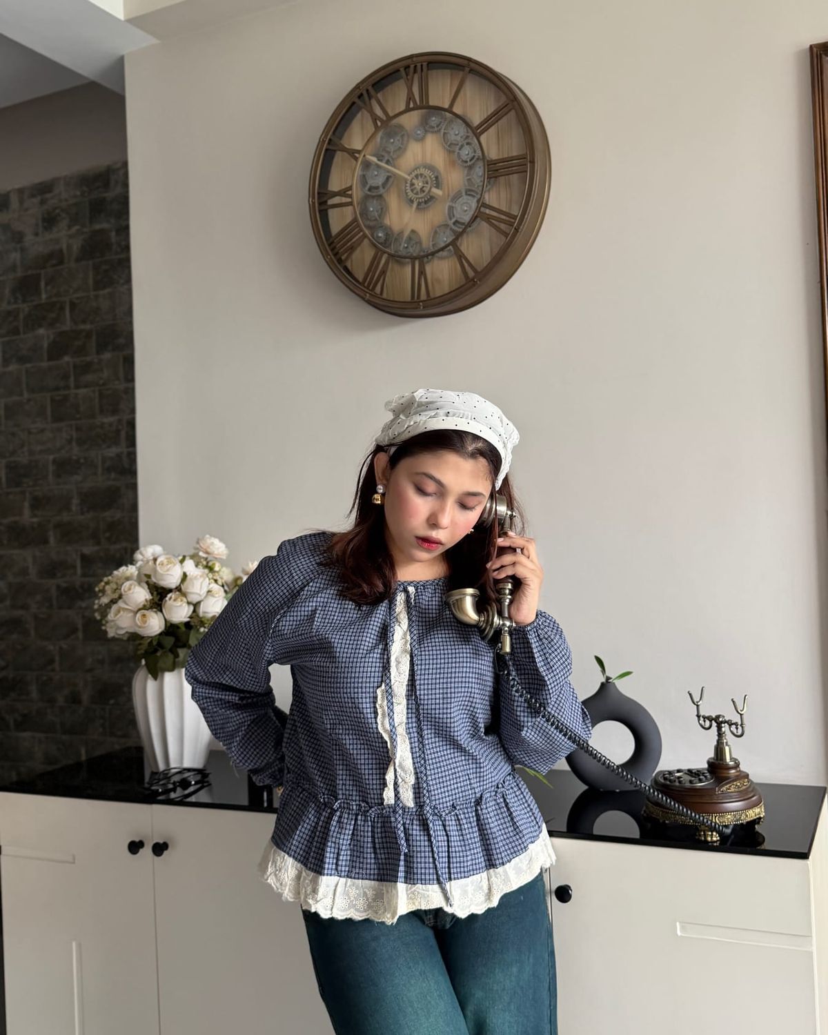 Blue gingham lace blouse