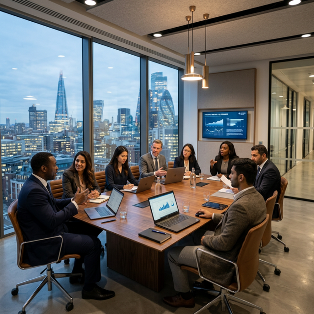 Reunión estratégica en DLA Asociados analizando el informe legislativo.