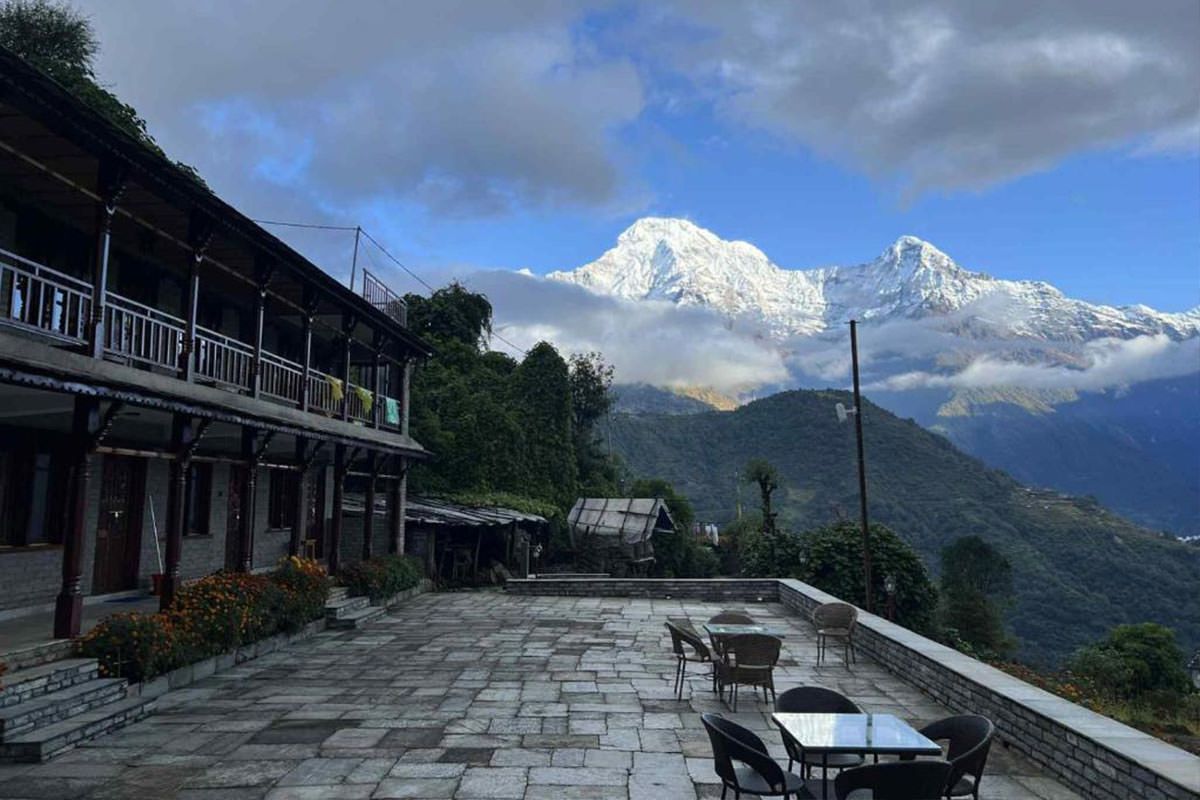 The hotel’s terrace, and the snow mountains beyond it