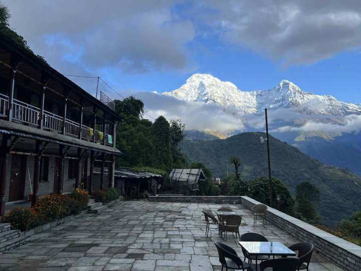 The hotel’s terrace, and the snow mountains beyond it