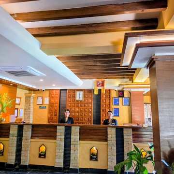 The front desk, under the timber beams