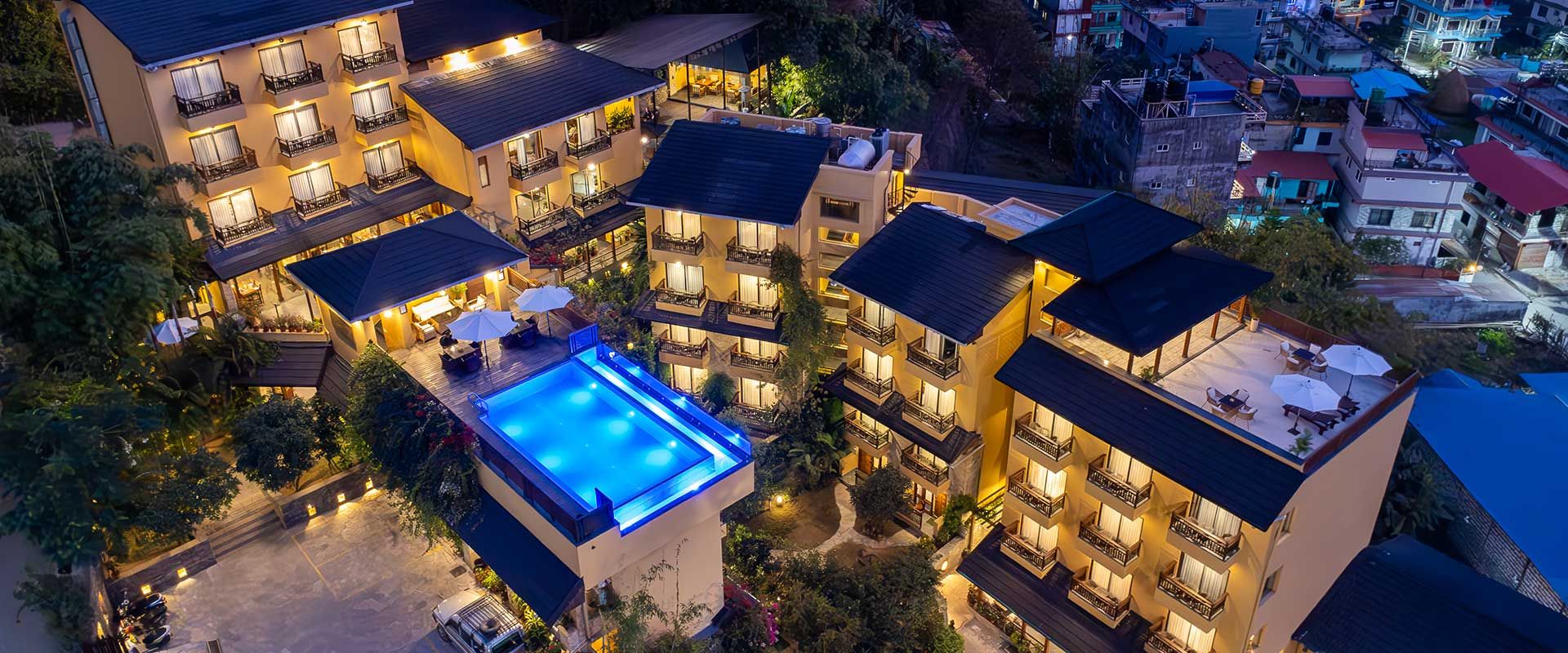 The whole resort from above, at dusk