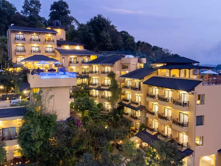 The resort at dusk, from the garden