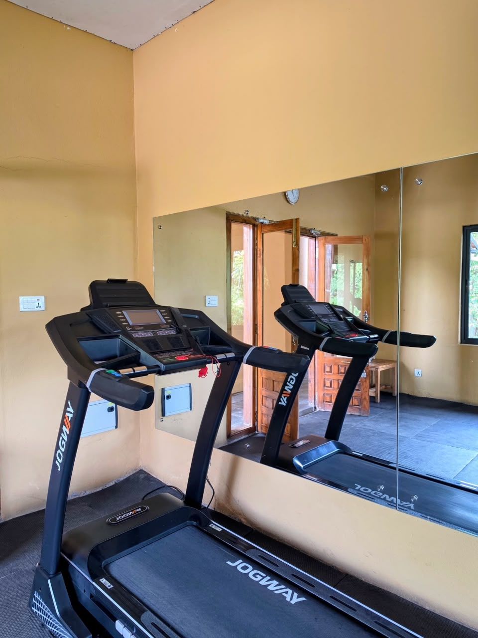 A treadmill in front of the mirror wall