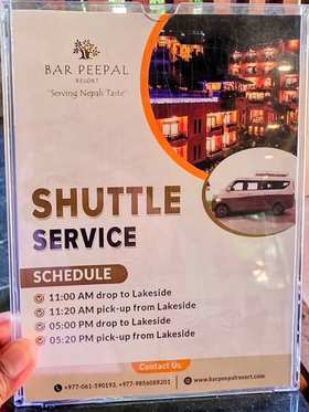 The shuttle card: 11:00 am drop to Lakeside, 11:20 am pick-up from Lakeside, 5:00 pm drop to Lakeside, 5:20 pm pick-up from Lakeside