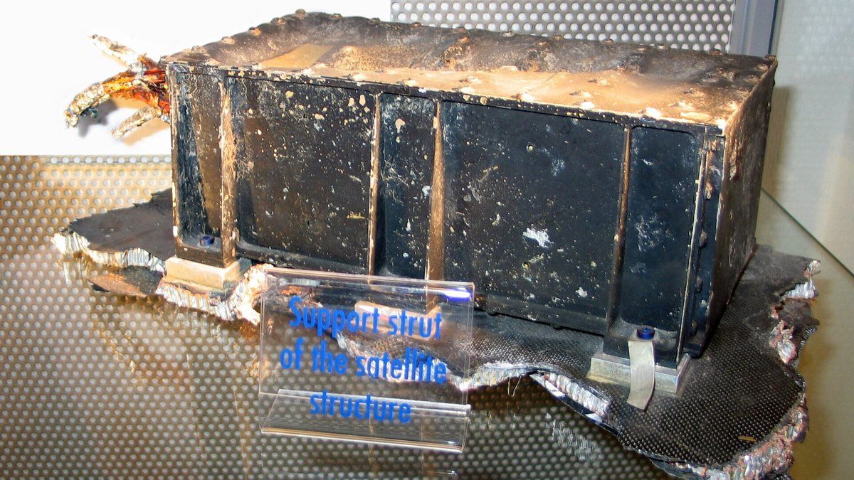 A charred fragment of the Ariane 501 rocket, recovered after its maiden flight failed in 1996.