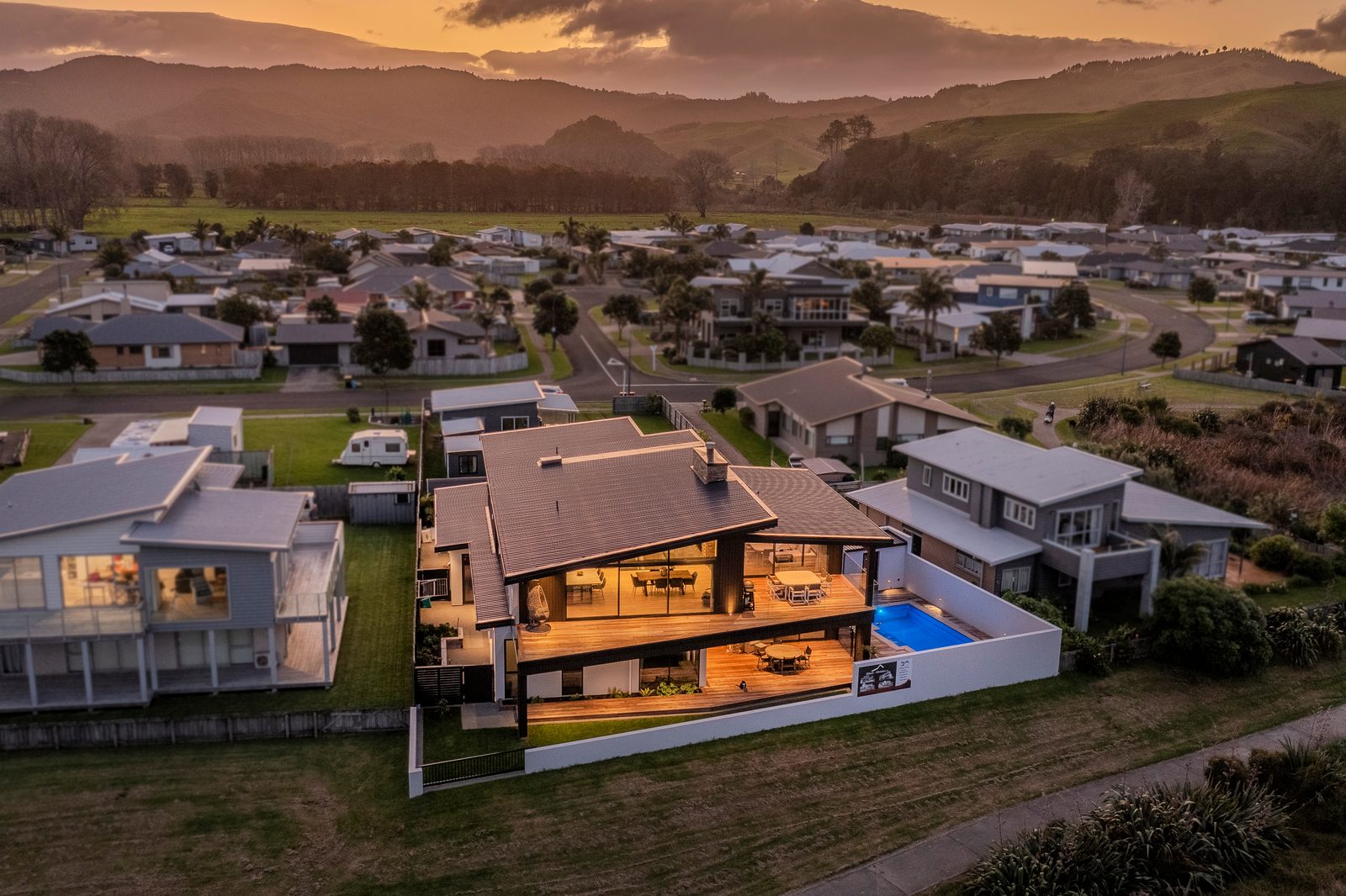 Cook Drive, Whitianga — from the air at dusk
