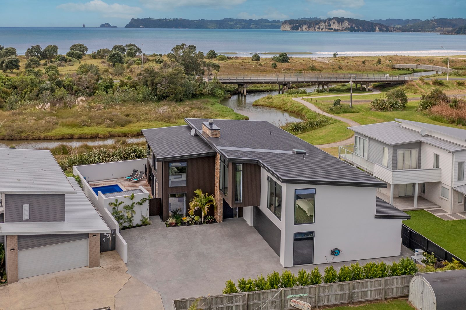 Cook Drive, Whitianga — from the air, out to the bay