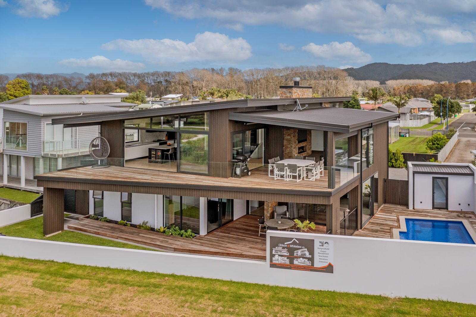 Cook Drive, Whitianga — the rear elevation, deck and pool